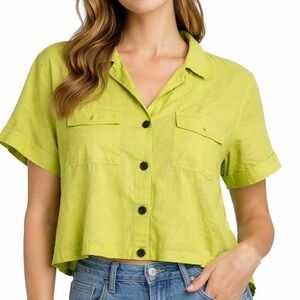 Wild Fable Lime Green Crop Button Up Shirt Medium Short Sleeve Collared Top